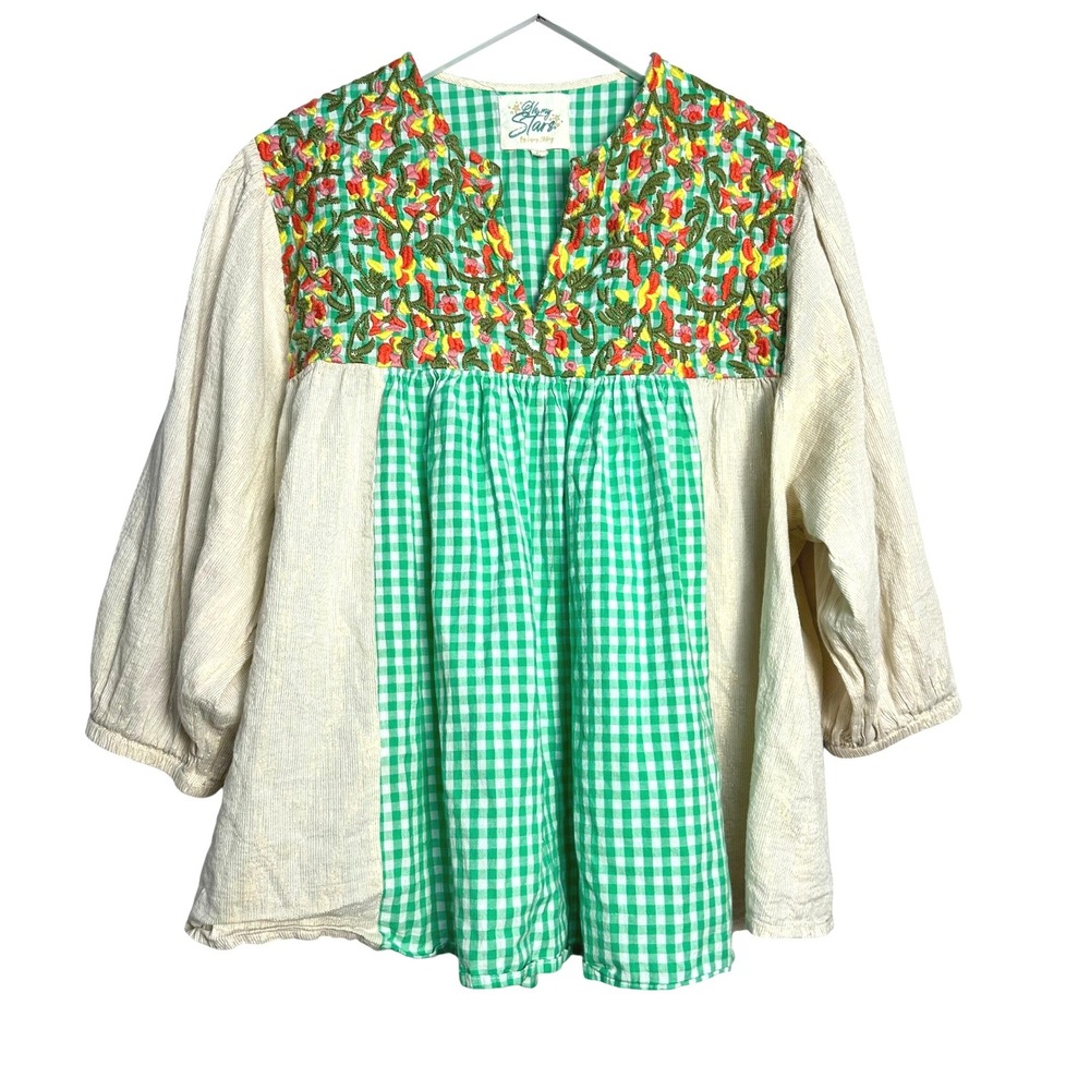 Oh My Stars June Green Gingham Floral Embroidered Lurex Peasant Blouse 2XL Boho